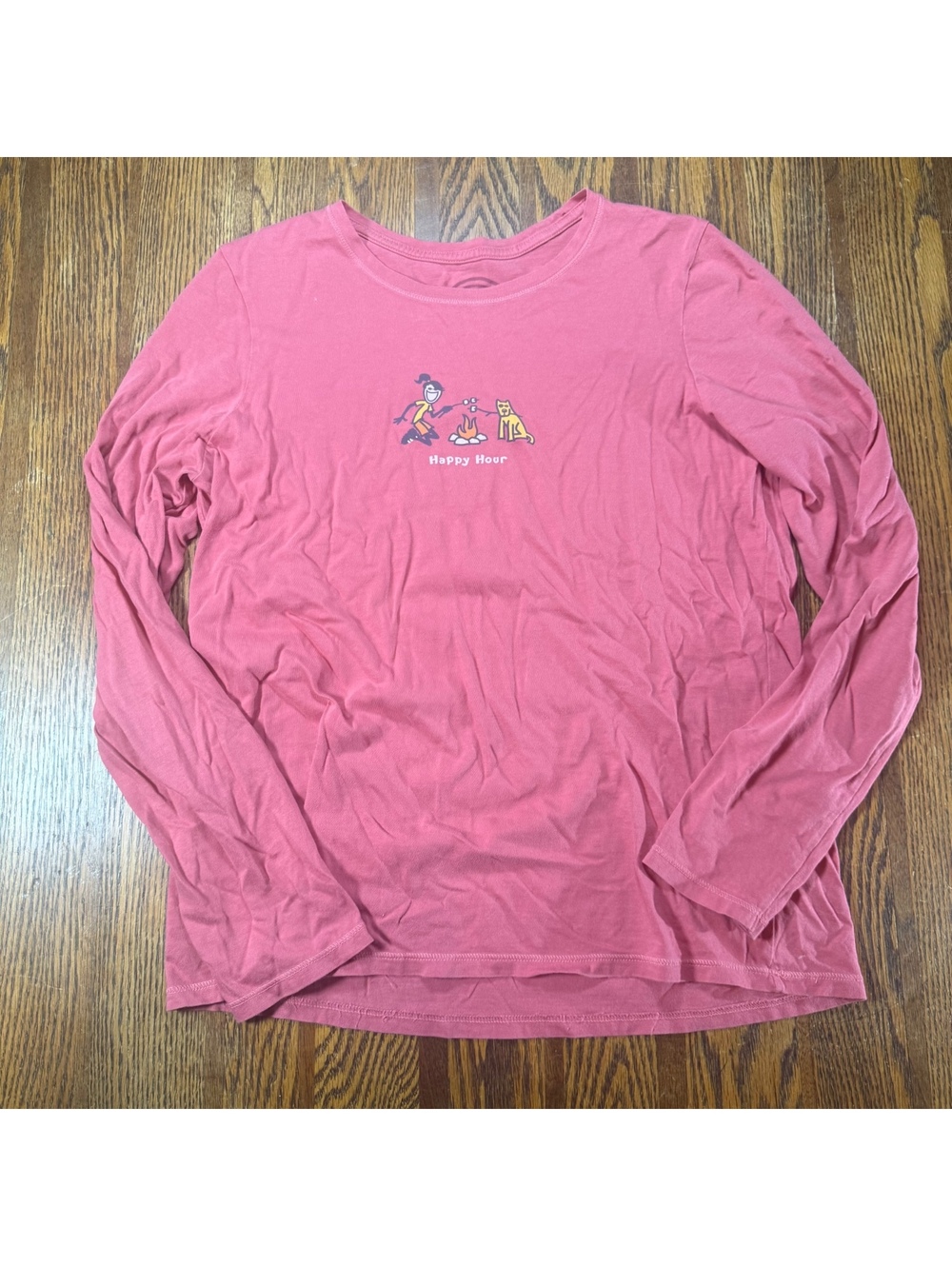 Life is Good Womens Coral Long Sleeve Crusher Tee Campfire Happy Hour Dog M